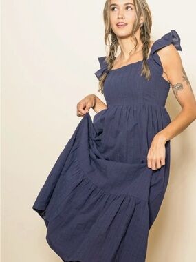 Square-Neck Midi Dress with Tie Shoulders in Navy
